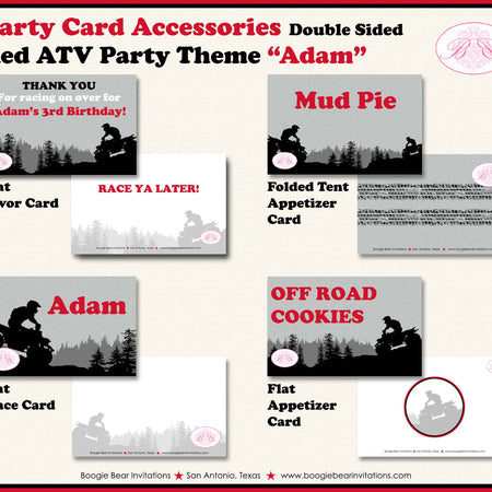 Red ATV Birthday Party Favor Card Tent Appetizer Place Quad All Terrain Vehicle 4 Wheeler Sports Racing Boogie Bear Invitations Adam Theme