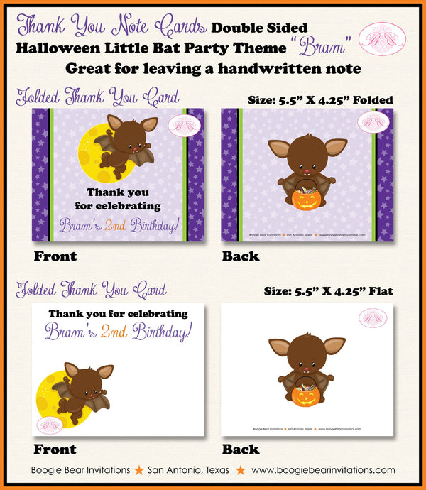 Halloween Bat Party Thank You Card Birthday Girl Boy Little Full Moon Orange Green Purple Black Boogie Bear Invitations Bram Theme Printed