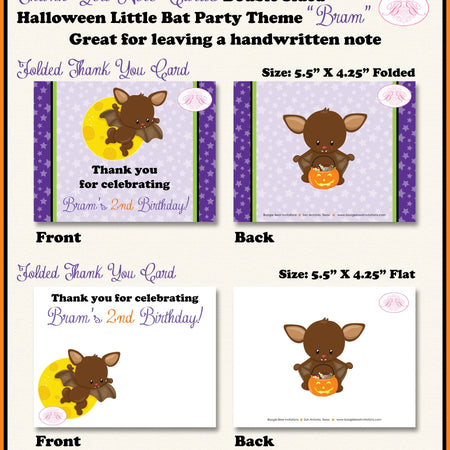 Halloween Bat Party Thank You Card Birthday Girl Boy Little Full Moon Orange Green Purple Black Boogie Bear Invitations Bram Theme Printed