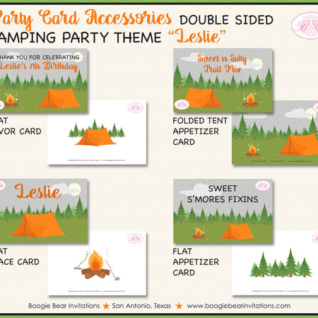 Camping Birthday Favor Party Card Tent Place Food Tag Forest Tent Campfire Park S'mores Camp Trees Kids Boogie Bear Invitations Leslie Theme