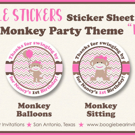 Pink Sock Monkey Birthday Party Circle Stickers Sheet Round Girl Wild Zoo Jungle Amazon Forest Swing Boogie Bear Invitations Nancy Theme