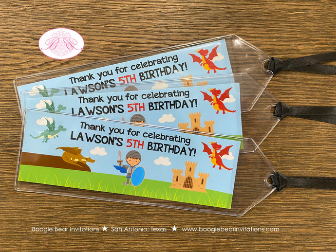 Dragon Knight Birthday Party Bookmarks Favor Boy Soldier Shield Red Brown Blue Flying Hero Slayer Boogie Bear Invitations Lawson Theme