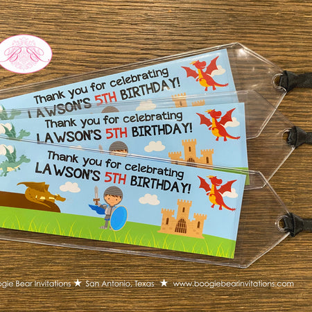 Dragon Knight Birthday Party Bookmarks Favor Boy Soldier Shield Red Brown Blue Flying Hero Slayer Boogie Bear Invitations Lawson Theme