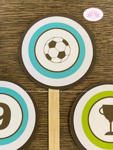 Soccer Birthday Cupcake Toppers Set Game Lime Green Blue Football Ball Sports Kick It Boy Girl Team Goal Boogie Bear Invitation Emery Theme