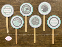 Load image into Gallery viewer, Aqua ATV Baby Shower Cupcake Toppers Set Party Silver Glitter Girl Boy Green Blue Checkered Flag Quad Boogie Bear Invitations Arley Theme