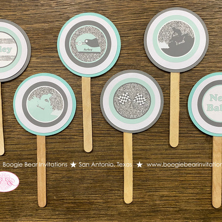Aqua ATV Baby Shower Cupcake Toppers Set Party Silver Glitter Girl Boy Green Blue Checkered Flag Quad Boogie Bear Invitations Arley Theme