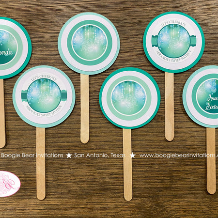 Aqua Green Glowing Ornaments Party Cupcake Toppers Birthday Teal Turquoise Glow Sweet 16 Girl Formal Boogie Bear Invitations Miranda Theme