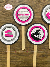 Load image into Gallery viewer, Pink Dirt Bike Birthday Party Cupcake Toppers Set Black Motocross Track Bike Enduro Motorcycle Ride Boogie Bear Invitations Roxanne Theme