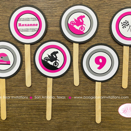 Pink Dirt Bike Birthday Party Cupcake Toppers Set Black Motocross Track Bike Enduro Motorcycle Ride Boogie Bear Invitations Roxanne Theme