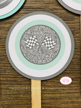 Load image into Gallery viewer, Aqua ATV Baby Shower Cupcake Toppers Set Party Silver Glitter Girl Boy Green Blue Checkered Flag Quad Boogie Bear Invitations Arley Theme