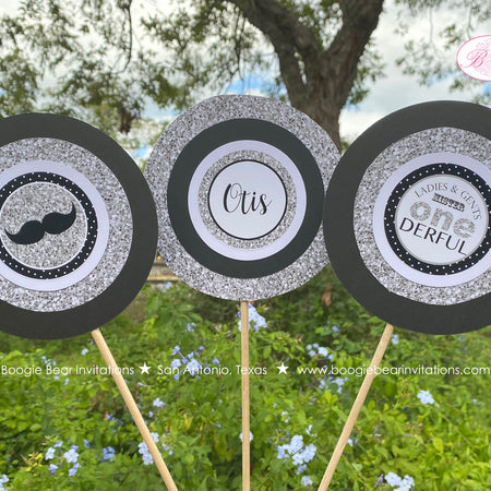 Mr. Wonderful Birthday Party Centerpiece Set ONE Onederful 1st Little Man Bow Tie Black Silver White Boogie Bear Invitations Otis Theme