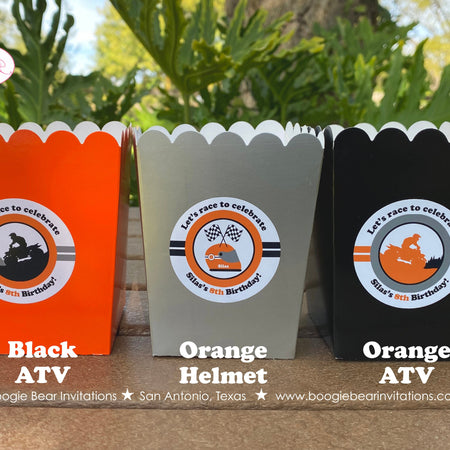 Orange ATV Party Popcorn Boxes Mini Food Buffet Birthday Black Quad All Terrain Vehicle 4 Wheeler Racing Boogie Bear Invitations Silas Theme
