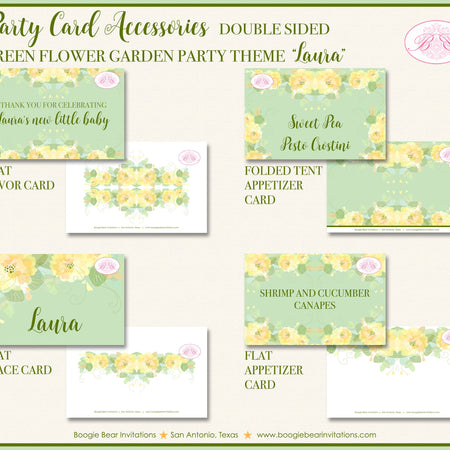 Green Flower Garden Baby Shower Favor Party Card Appetizer Food Place Sign Label Spring Summer Floral Boogie Bear Invitations Laura Theme