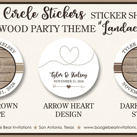 Rustic Wood Wedding Stickers Circle Birthday Party Favor Farm Barn Country Lights Heart Arrow Shiplap Boogie Bear Invitations Landacre Theme