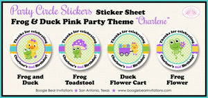 Frog Duck Birthday Party Circle Stickers Sheet Round Spring Flower Gardening Girl Purple Green Yellow Boogie Bear Invitations Charlene Theme