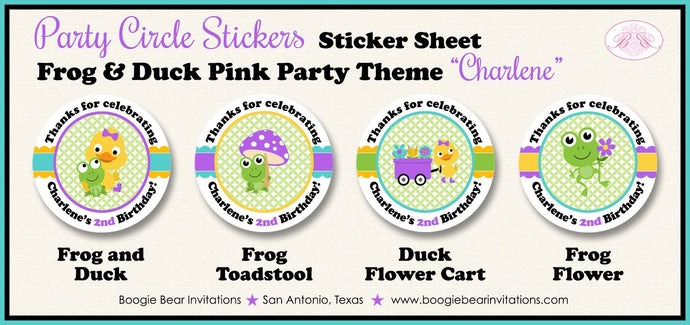 Frog Duck Birthday Party Circle Stickers Sheet Round Spring Flower Gardening Girl Purple Green Yellow Boogie Bear Invitations Charlene Theme