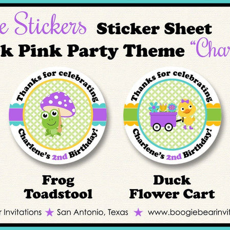 Frog Duck Birthday Party Circle Stickers Sheet Round Spring Flower Gardening Girl Purple Green Yellow Boogie Bear Invitations Charlene Theme