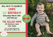 Load image into Gallery viewer, Red Wagon Photo Birthday Party Invitation Boy Girl Green Stripe Picnic Garden Boogie Bear Invitations Ian Theme Paperless Printable Printed