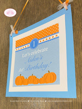 Load image into Gallery viewer, Blue Pumpkin Party Door Banner Birthday Fall Orange Polka Dot Boy Harvest Picking Country Farm Barn Kids Boogie Bear Invitations Aiden Theme
