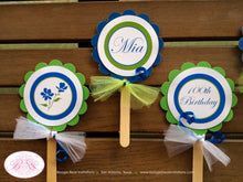 Load image into Gallery viewer, Blue Flowers Birthday Party Cupcake Toppers Green White Girl Bluebonnets Wildflowers Floral Bloom Garden Boogie Bear Invitations Mia Theme