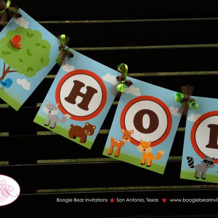Woodland Animals Birthday Name Banner Deer Bird Green Tree Wild Boy Girl Forest Creatures Fox Deer Bird Boogie Bear Invitations Holden Theme