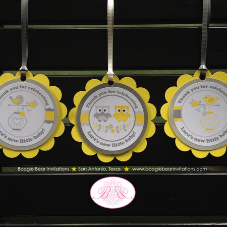 Yellow Grey Baby Shower Favor Tags Birds Owls Chevron Scallop Ribbon Birdcage Laurel 1st Birthday Party Boogie Bear Invitations Lara Theme