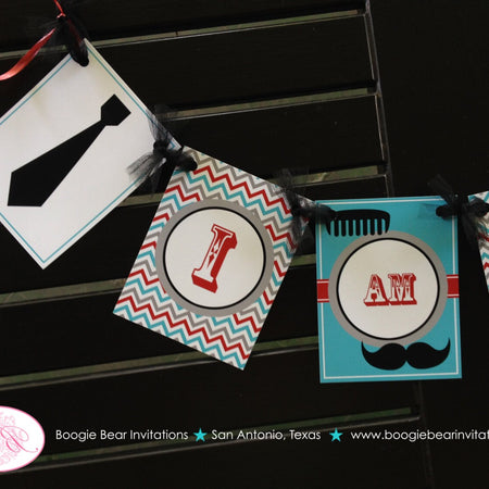 Mustache Bash Highchair I am 1 Banner Birthday Party Chevron Red Blue Boy Little Man 1st Hat Bow Tie Boogie Bear Invitations Salvador Theme
