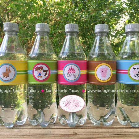 Pink Farm Birthday Party Bottle Wraps Wrappers Cover Label Barn Girl Animals Petting Zoo Cow Horse Pig Boogie Bear Invitations Shirley Theme