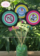 Load image into Gallery viewer, Panda Bear Birthday Party Centerpiece Cake Display Stick Forest Pink Black Yellow Green Blue Wild Zoo Boogie Bear Invitations Jeanette Theme