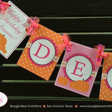 Pink Pumpkin Birthday Party Name Banner Little Girl Polka Dot Orange Bow Fall Autumn Country Farm Barn Boogie Bear Invitations Deanna Theme