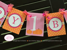 Load image into Gallery viewer, Pink Pumpkin Happy Birthday Party Banner Little Girl Polka Dot Orange Farm Barn Country Fall Autumn Boogie Bear Invitations Deanna Theme