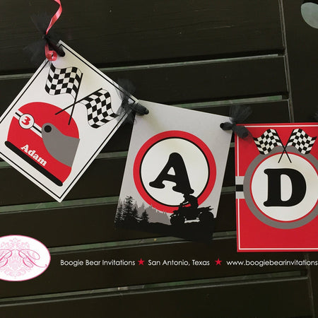 Red ATV Birthday Party Name Banner Racing Quad Black Grey Boy Girl All Terrain Vehicle 4 Wheeler Modern Boogie Bear Invitations Adam Theme