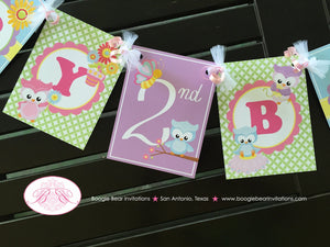Spring Owls Happy Birthday Party Banner Girl Easter Pink Flower Pot Garden Butterfly Woodland Animals Boogie Bear Invitations Lorelei Theme