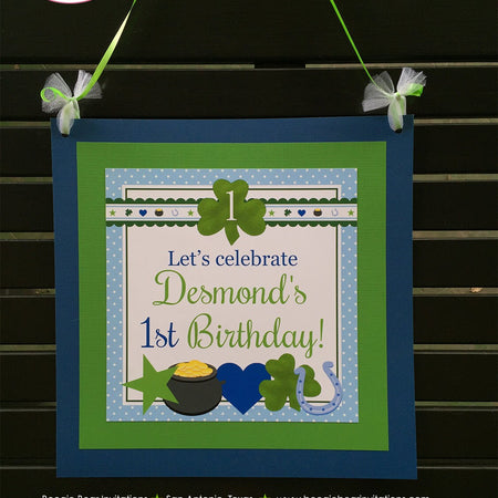 Lucky Charm Party Door Banner Birthday St. Patrick's Day Blue Boy Little Heart Shamrock Star Polka Dot Boogie Bear Invitations Desmond Theme