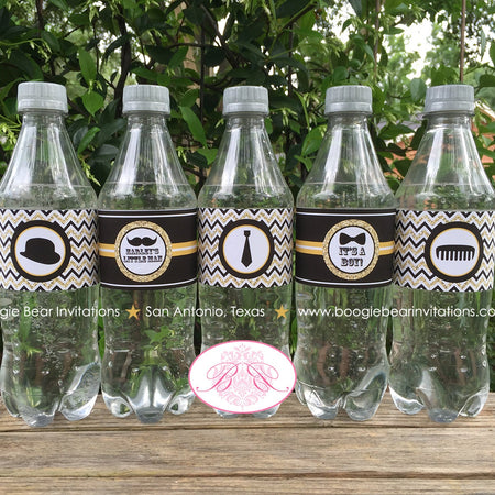 Mustache Baby Shower Bottle Wraps Wrappers Cover Label Black Gold Glitter Bash Bow Tie Chevron Boy 1st Boogie Bear Invitations Harley Theme
