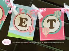 Load image into Gallery viewer, Hot Air Balloon Birthday Party Banner Small Pink Teal Aqua Turquoise Brown Ribbon Girl 1st 2nd 3rd Boogie Bear Invitations Margaret Theme