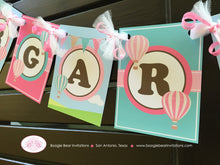 Load image into Gallery viewer, Hot Air Balloon Birthday Party Banner Small Pink Teal Aqua Turquoise Brown Ribbon Girl 1st 2nd 3rd Boogie Bear Invitations Margaret Theme