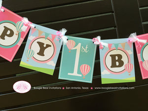 Hot Air Balloon Happy Birthday Banner Party Girl Pink Teal Aqua Turquoise 1st 2nd 3rd 4th 5th 6th 7th Boogie Bear Invitations Margaret Theme