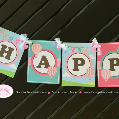 Hot Air Balloon Happy Birthday Banner Party Girl Pink Teal Aqua Turquoise 1st 2nd 3rd 4th 5th 6th 7th Boogie Bear Invitations Margaret Theme