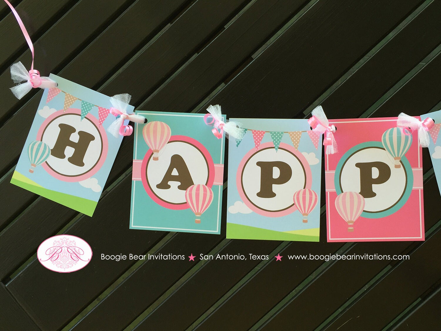 Hot Air Balloon Happy Birthday Banner Party Girl Pink Teal Aqua Turquoise 1st 2nd 3rd 4th 5th 6th 7th Boogie Bear Invitations Margaret Theme