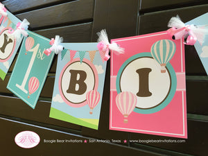 Hot Air Balloon Happy Birthday Banner Party Girl Pink Teal Aqua Turquoise 1st 2nd 3rd 4th 5th 6th 7th Boogie Bear Invitations Margaret Theme