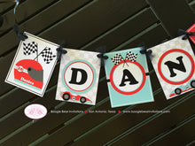Load image into Gallery viewer, Race Car Name Birthday Party Banner Racing Girl Boy Red Aqua Blue Black Grand Prix Checkered Flag Track Boogie Bear Invitations Danica Theme