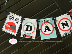 Race Car Name Birthday Party Banner Racing Girl Boy Red Aqua Blue Black Grand Prix Checkered Flag Track Boogie Bear Invitations Danica Theme