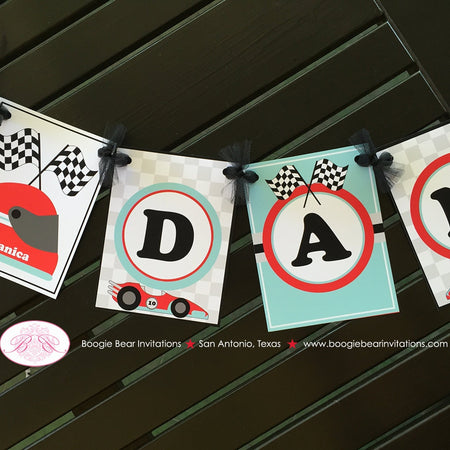 Race Car Name Birthday Party Banner Racing Girl Boy Red Aqua Blue Black Grand Prix Checkered Flag Track Boogie Bear Invitations Danica Theme