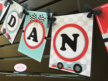 Load image into Gallery viewer, Race Car Name Birthday Party Banner Racing Girl Boy Red Aqua Blue Black Grand Prix Checkered Flag Track Boogie Bear Invitations Danica Theme