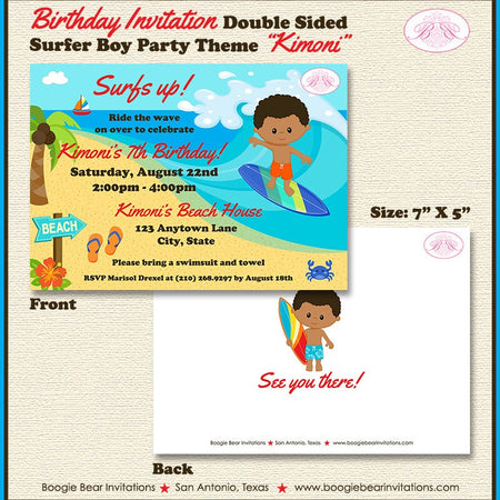 Surfer Boy Birthday Party Invitation Beach Luau Surfing Surf Swim Swimming Boogie Bear Invitations Kimoni Theme Paperless Printable Printed