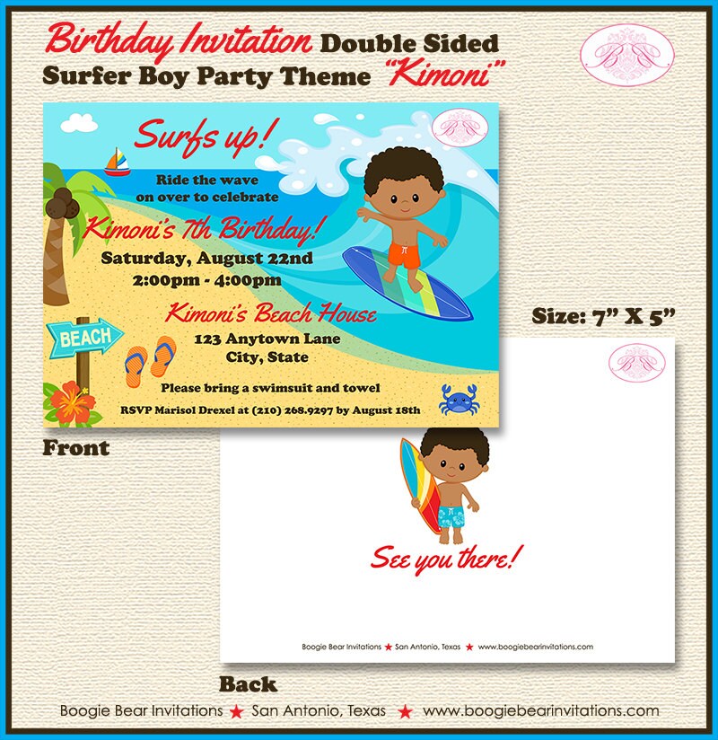 Surfer Boy Birthday Party Invitation Beach Luau Surfing Surf Swim Swimming Boogie Bear Invitations Kimoni Theme Paperless Printable Printed