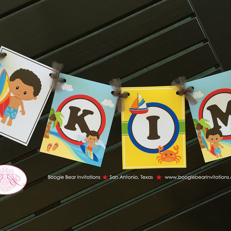 Surfer Boy Birthday Party Name Banner Birthday Beach Ocean Swimming Surf Luau Pool Wave Ocean Aloha Boogie Bear Invitations Kimoni Theme