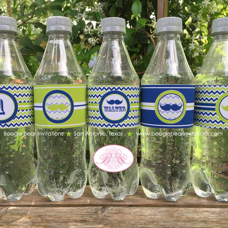 Mustache Birthday Party Bottle Wraps Wrappers Cover Label Navy Blue Lime Green Chevron Boy Vintage Bash Boogie Bear Invitations Walter Theme