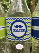 Load image into Gallery viewer, Mustache Birthday Party Bottle Wraps Wrappers Cover Label Navy Blue Lime Green Chevron Boy Vintage Bash Boogie Bear Invitations Walter Theme